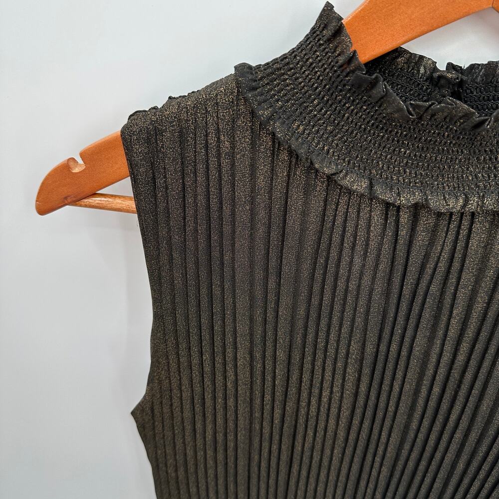 NANETTE LEPORE Black Gold Metallic Pleated High Neck Party Night Out Dress // 4 - Picture 4 of 14